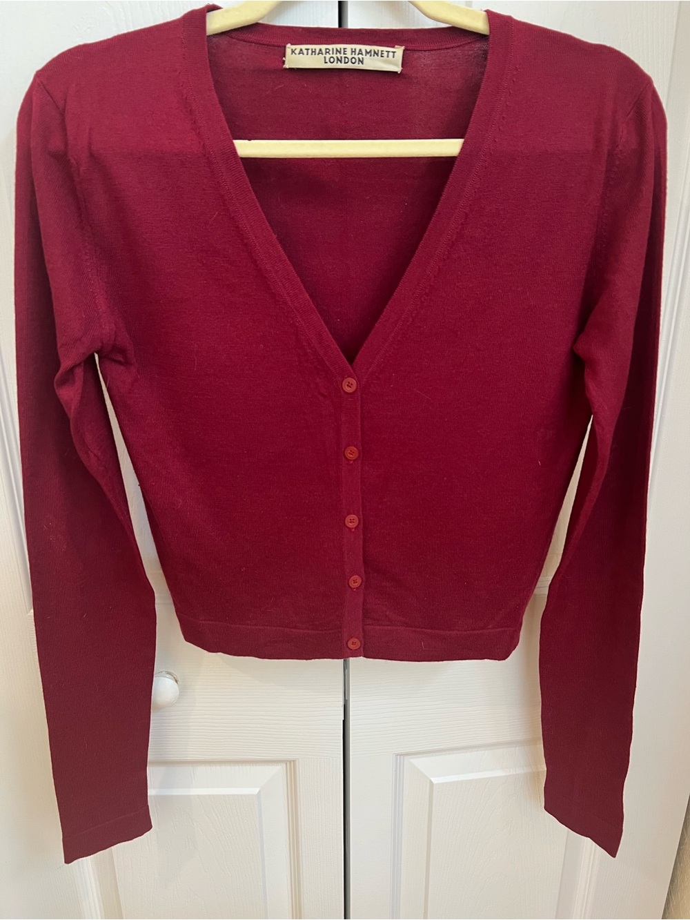 Women's Burgundy V-Neck Button Cardigan 75% silk 25% wool size S